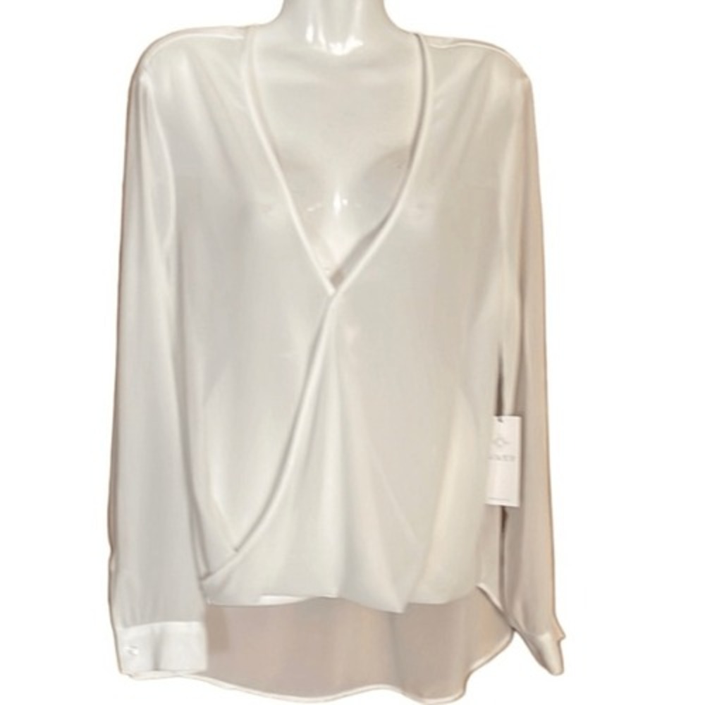 WAYF Womens Semi Sheer Top Sz L High Low Hem Blouson Front Long Sleeve Cream NWT